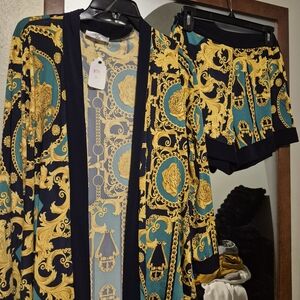 Baroque Print Three -Piece Set in Black, Gold & Teal
